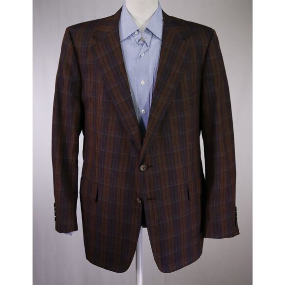 Tom James Vintage 80s Burgundy Brown Plaid Raw Silk 2-Btn Blazer Jacket 46R - Picture 2 of 9